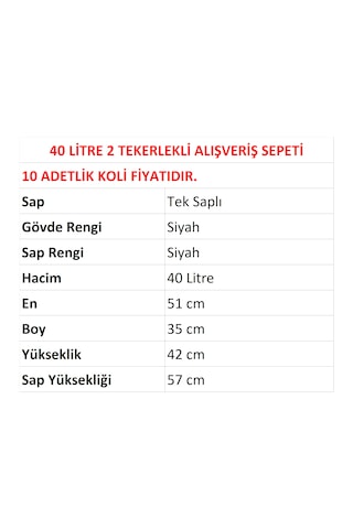 40 Litre 2 Tekerlekli Plastik Alışveriş El Sepeti Siyah 10 Adet / En:51 Boy:35 Yükseklik:42 Cm