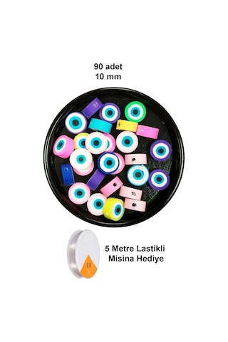 90 Adet 10 Mm Polimer Kil Fimo Boncuk Takı Bileklik + 5 Metre Lastikli Misina - Nazar Boncuğu