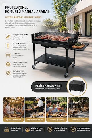 Pro Lüks Dev Kömürlü Mangal Barbekü Arabası Hediye Koruyucu Örtü 137 X 68 X 94 Cm Siyah