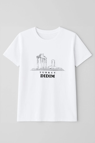 Erkek Bisiklet Yaka %100 Pamuk Didim Baskılı Kısa Kollu T-shirt Beyaz