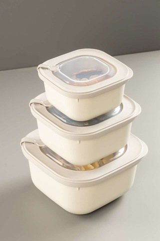3lü Mikrodalga Ve Difriz Kullanımına Uygun Vakumlu Sızdırmaz Saklama Kabı Seti 600-1100-1800 Ml Bej