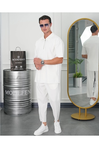 Modefendi Fermuar Detaylı Fitilli Oversize Alt Üst Takım Beyaz