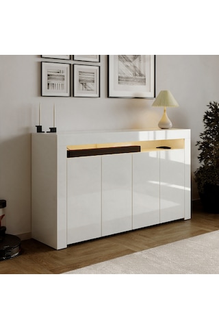 İnarch Dizayn Batı Led Işıklı Konsol Modern 4 Kapaklı Tv Konsolu - Tv Ünitesi Parlak Beyaz
