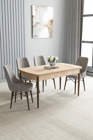 Zümra Serisi, Meşe Desen 80x132 Açılabilir Mdf Mutfak Masası Takımı 4 Adet Sandalye Gri