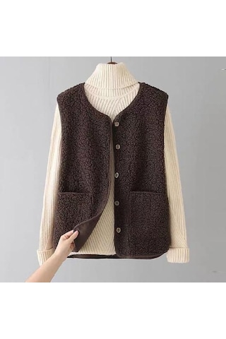 Kahve Kadın Güz Kış Yelek Ceket Düz Renk V Boyun Kolsuz Düğme Kapatma V Boyun Yumuşak Sıcak Cepler Hırka Bayan Yelek