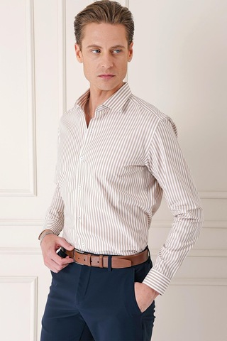 Efor Slim Fit Dikine Çizgili %100 Pamuk Klasik Bej Beyaz Gömlek Gk 721 Bej