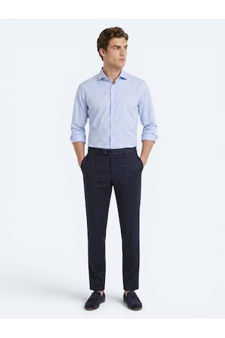 Kip Lacivert Çizgili Dokuma Fitted Fit Klasik %100 Yün Pantolon