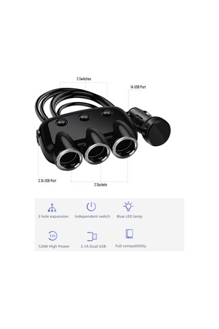Yifomall Siyah Araç Şarj Cihazı, 3 Fişli, 2 Usb 1a+2.1a , Bağımsız Anahtarlar, Led Gösterge, 12-24v Dc, 120w, 56cm Kablolu