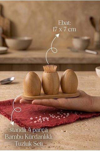 Atbyhome Standlı 4 Parça Bambu Tuzluk Biberlik Kürdanlık Seti 17x7 Cm - Masa Üstü Baharatlık Takımı