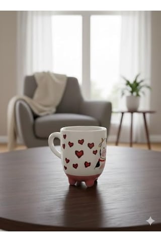 İnek Kupa 06 El Yapımı 3d Krem Parlak Kupa - El Yapımı Seramik Kupa Açık Ahşap