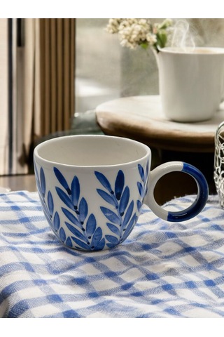 Seramik Kupa Bardak Mavi Yapraklı Tasarım