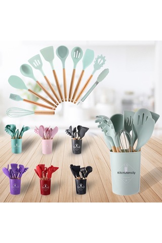 Symbee Ahşap Saplı 11 Parça Silikon Mutfak Gereçleri Seti - Anti Yapışkan, Isı Dayanıklı, Kolay Temizlenir, Gri Renkli Kova İle Tam Zamanlı Pişirme Araçları