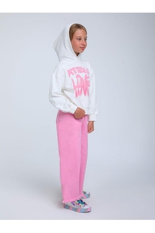 Kız Çocuk Kapüşonlu Love Yazılı Sweatshirt-14315 Beyaz