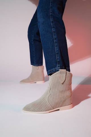 Luvishoes Loivos Bej Süet Hakiki Deri Delikli Kadın Gizli Topuk Yazlık Bot Bej