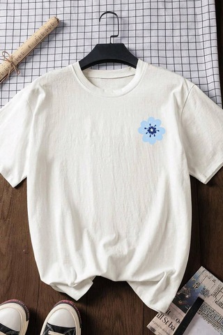 Spoyi Botanic Tasarımlı %100 Pamuk Yarım Oversize Beyaz T-shirt
