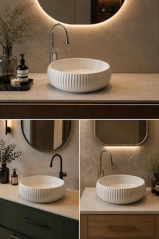Lena E-4161 Tezgah Üstü Porselen Lavabo Beyaz Porselen Mobilya