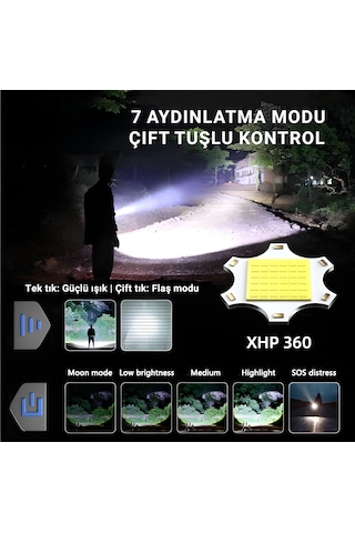 Xhp360 Ultra Parlak Şarj Edilebilir Taktik El Feneri 25.000 Lümen 38.400 Mah Dahili Batarya Ip68 Siyah
