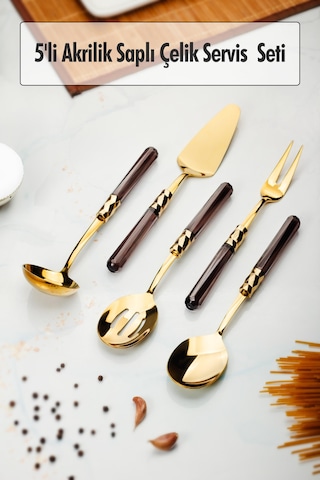 5 Parça Gold Servis Seti & Servis Sunum Seti Füme Kepçe / Kevgir / Sıpatula / Çatal / Kaşık