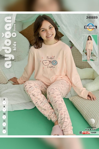 Aydoğan Kız Garson Belur Termal Şeftali Rengi Pijama Takım 0889 Bej