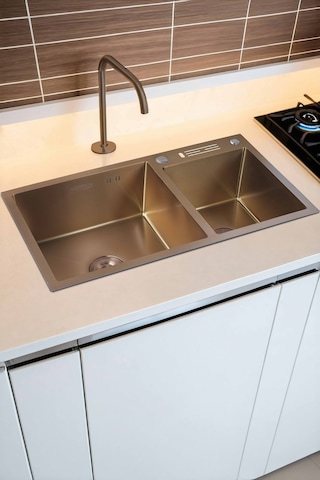 Sun Serisi %100 Krom 82x45 İki Göz Bıçak Yuvalı Paslanmaz Mutfak Eviyesi, Mutfak Lavabosu Bronz