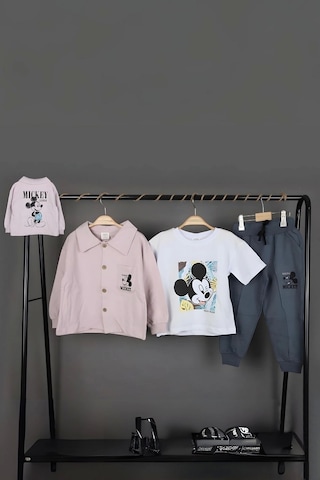 Erkek Çocuk Mickey Mouse Baskılı 3 Gömlek Ceket T-shirt Ve Eşofman 3 Parça Mevsimlik Takım Açık Kahverengi