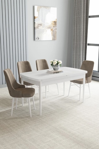 Zümra Serisi, Beyaz 80x132 Açılabilir Mdf Mutfak Masası Takımı 4 Adet Sandalye, Cappucino