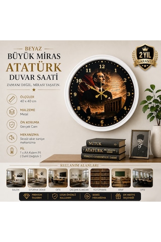 Beyaz Büyük Miras 40 X 40 Cm Metal Atatürk Duvar Saati