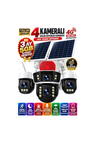4 Kameralı 4g Sım Kartlı Solar Güvenlik Kamerası Çift Güneş Panelli Ptz Gece Görüş Sirenli Ip66 Okam Pro Uygulama
