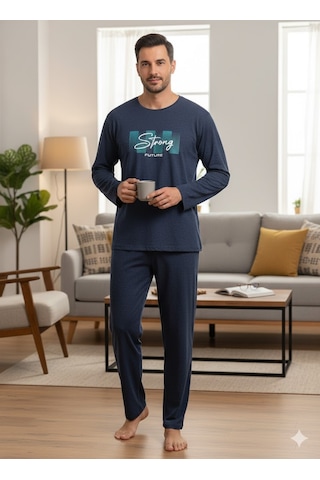 Erkek Uzun Kol Kışlık Pijama Takım Koyu Mavi