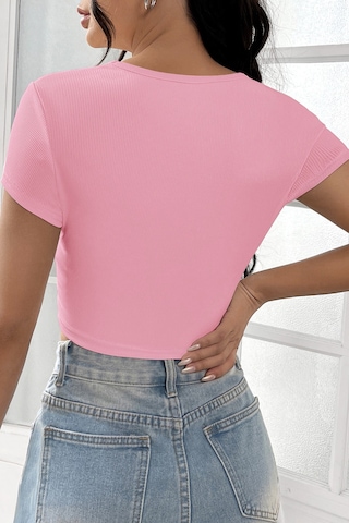 Angbutik Kadın Pembe Yarım Kol Düz Yaka Crop Top Bluz