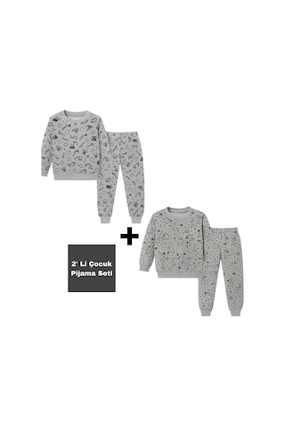 Beka Kids Kız Çocuk Pijama Takımı 2'li Set Kalp Ve Kız Çocuk Desenli Çocuk Pijama Takımı %100 Pamuklu Gri