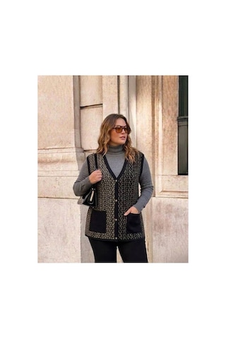 Onno Style Women Çelik Örgü Klasik Leopar Desen Triko Yelek Siyah