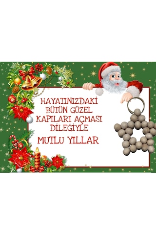 25 Adet Naturel Yıldız Anahtarlık - Ahşap Yıldız - Noel Baba Kart
