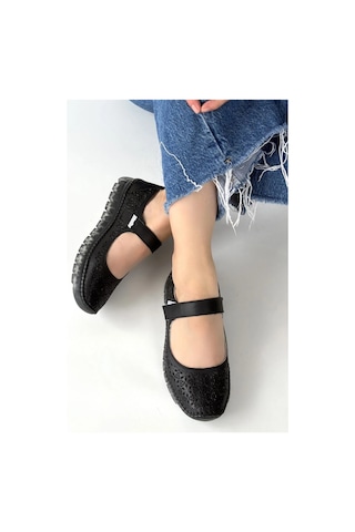 Look Shoes Herşeytrend Sina Siyah Hakiki Deri Cırt Cırtlı Babet Ayakkabı Siyah