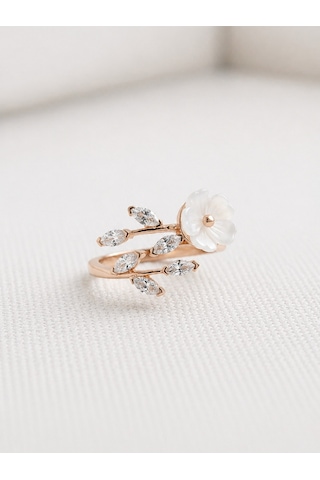 Çekirdekjewelry 925 Ayar Gümüş Manolya Çiçekli Ayarlanabilir Yüzük Pembe