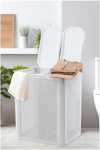 Omnipazar Sy-4632 Smart Duo İki Bölmeli Kirli Çamaşır Sepeti 84 Litre Beyaz Beyaz
