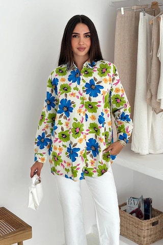 Çiçek Desenli Keten Gömlek DESENLI