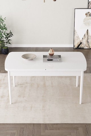 Arel Beyaz 80x132 Açılabilir Mdf Masa Yemek Odası Takımı, Mutfak Takımı 6 Adet Sandalye Beyaz Masa - 6 Siyah - Beyaz Ayak