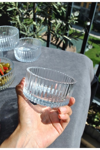 6 Adet Cam Kase Çizgili Kahvaltılık Meze Kasesi Çerezlik Şekerlik 10 Cm Şeffaf
