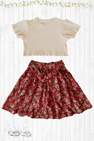 Etekli Crop Takım, Pamuklu Viskon Etek - Pamuklu Fitilli Crop Skahve-çiçekli1 Kahverengi