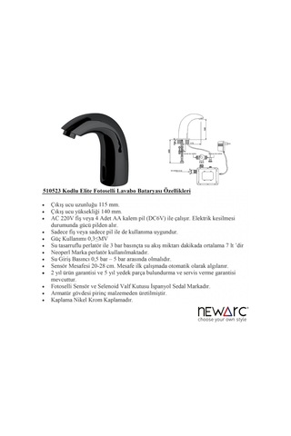 Newarc 510523B Elite Fotoselli Lavabo Bataryası Siyah