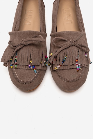 Luvishoes Evelyn Vizon Süet Hakiki Deri Püsküllü Boncuklu Kadın Loafer Ayakkabı
