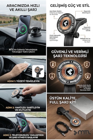 Araç Telefon Tutucu Magsafe İle Uyumlu 15 W Kablosuz Şarjlı - Mt6075 Siyah