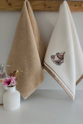 2 Li Mutfak Havlusu Bej Renk Kapuçino Fincanı Nakışlı Bej