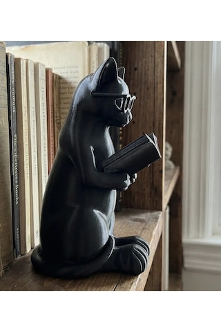 Buradabulabilirsin 3d Baskı Gözlüklü Kitap Okuyan Kedi Figürü Masaüstü Dekoratif Kedi Heykeli Siyah Bbz