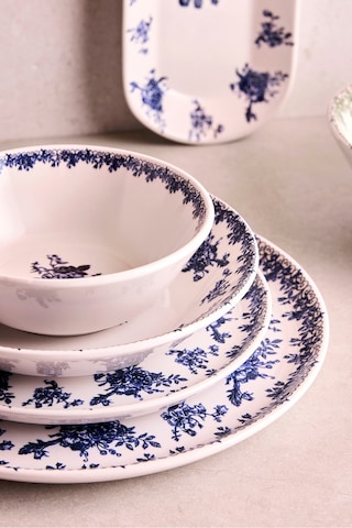 Antik Mavi 27 Parça 6 Kişilik Seramik Yemek Takımı Vintage Mavi Çiçekli Yuvarlak Servis Seti Mavı Mavi