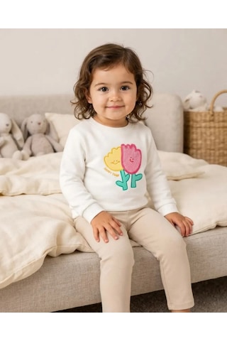 Tuffy Kız Bebek Latte Renkli Fluffy Lale Motifli Sweatshirt Bej