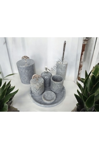 Gri Mermer Klasik Model 7 Parça Gümüş Renk Japon Gülü Aksesuarlı Banyo Seti Gri