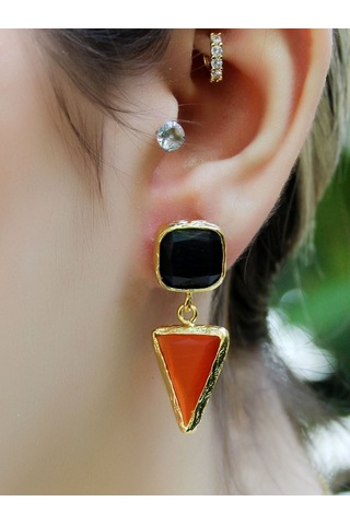 Kare Üçgen Modelli Kedigözü Cam Gold Kaplamalı Kadın Küpe Euku24sk Kırmızı