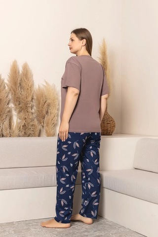 Sude Kadın Büyük Beden Düğme Yaka Penye Likralı Kısa Kol İnce Pijama Takımı P284 - 1 Adet Kahverengi